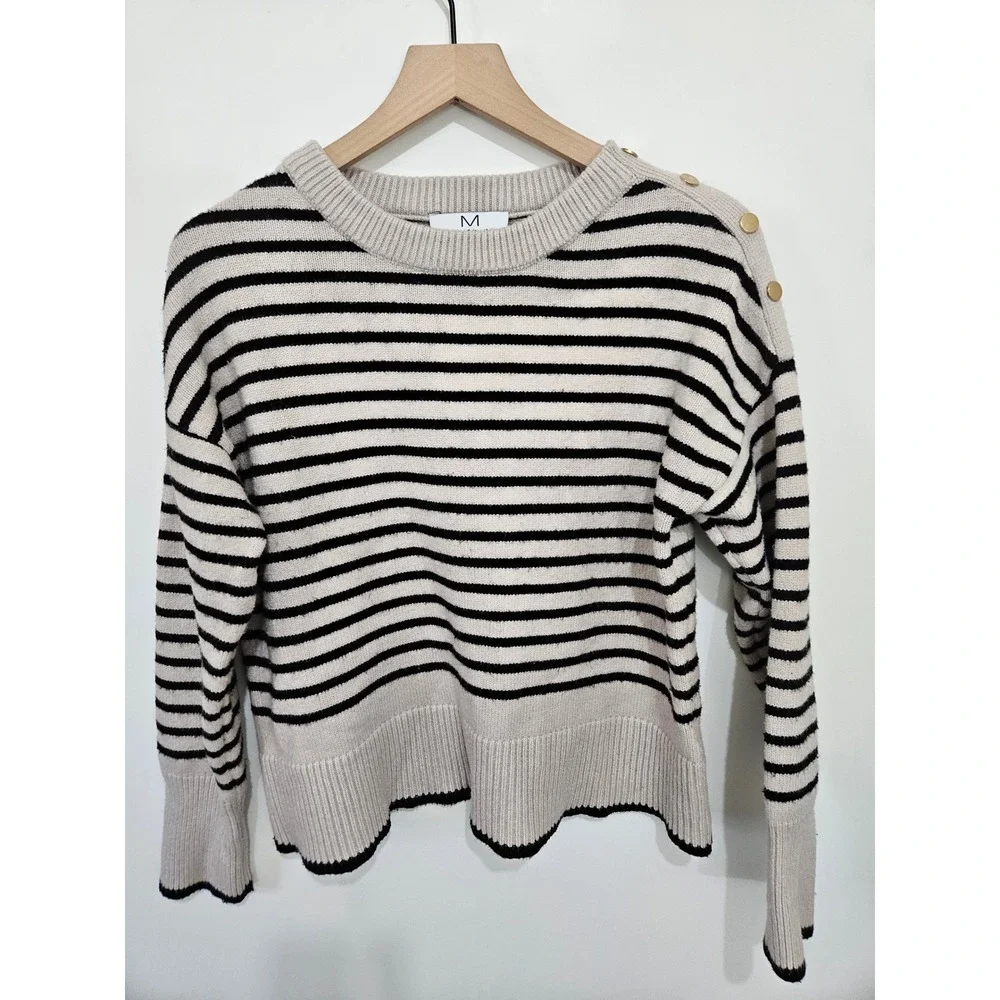 Magaschoni Womens Striped Knit Sweater Gold Shoulder Buttons‎ Beige Black L/G